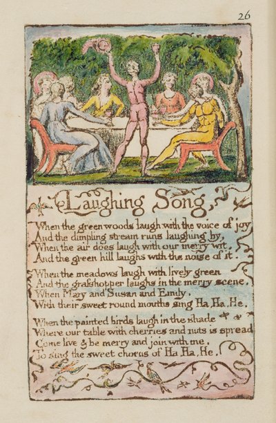「笑う歌」、「イノセンスと経験の歌」からのプレート26 [ベントレー15] c.1789-94（ペンとインクとトイレタックを使ったダークブラウンのレリーフエッチング印刷） 作： William Blake